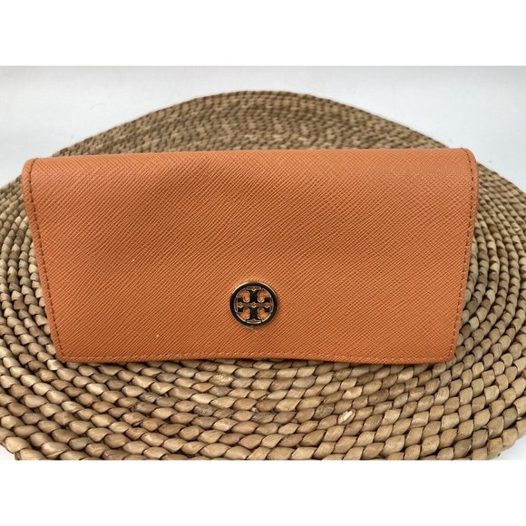 * Tory Burch Saffiano Leather Orange Eye Reading Glasses Case Gold Logo Snap - Picture 1 of 6